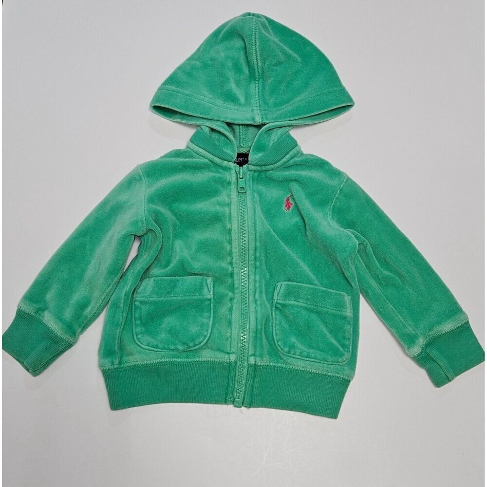 Ralph Lauren Green Velour Hoodie Full Zip Sweatshirt Baby Infant 9 Months READ